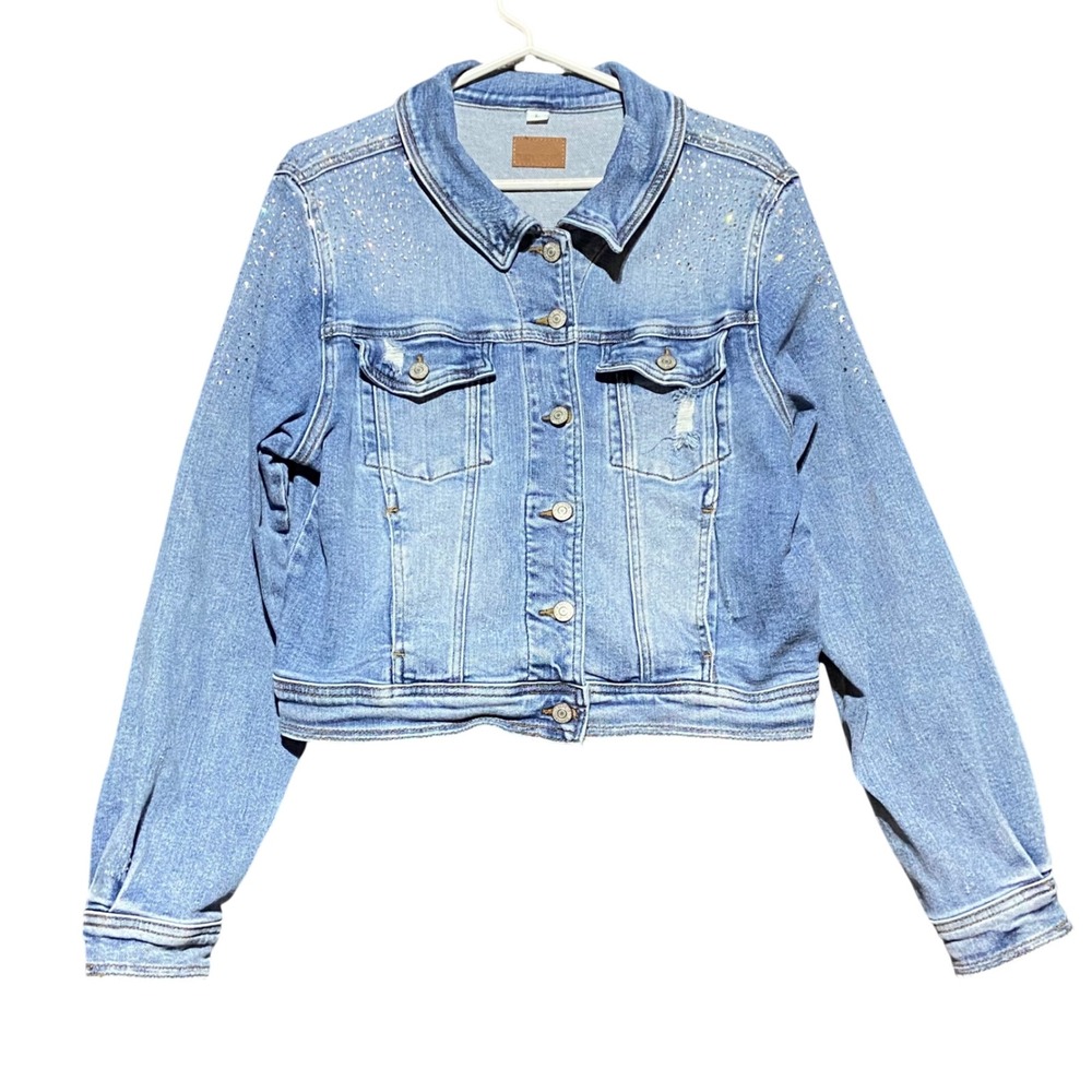 Judy Blue Y2K Rhinestone Embellished Cropped Denim Jacket Light Wash Large Bling
